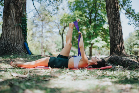 Woman practicing yoga outdoors in park, stretching with a blue strap on a mat