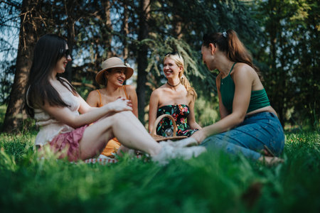 Friends enjoying a sunny park picnic, laughing and chatting together in casual summer outfitsの写真素材