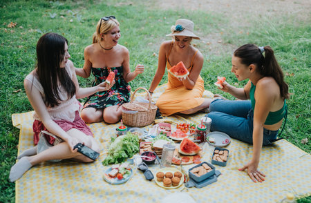 Friends enjoy a sunny park picnic with watermelon, snacks, and laughter in a cheerful outdoor settingの写真素材