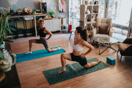 Two women practice yoga in a cozy home studio, stretching on mats during a relaxed fitness sessionの写真素材