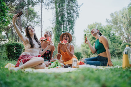 Friends enjoy a sunny park picnic, taking selfies and sharing watermelon togetherの写真素材