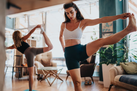 Women practice yoga balance poses in a bright home studio during a calm fitness sessionの写真素材