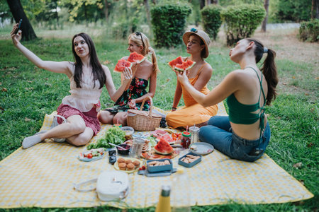 Group of friends enjoying a sunny park picnic with watermelon and snacks on a checkered blanketの写真素材