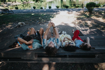 Friends Relaxing Together on a Park Deck by the Lake on a Sunny Summer Dayの写真素材