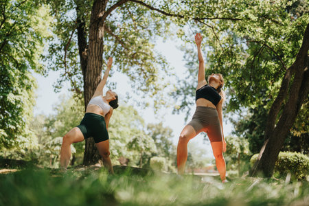 Two women practice yoga outdoors in a sunlit park, balancing poses and stretching togetherの写真素材