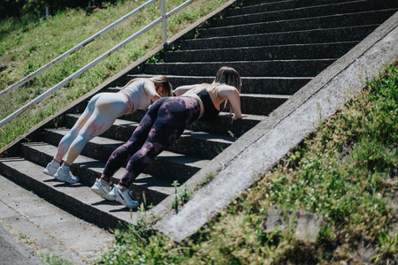 Two women performing fitness exercises on outdoor stairs under the sunの写真素材