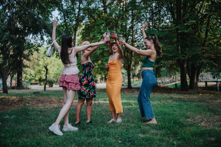 Friends celebrate together in a park, raising drinks and smiling during a sunny summer gatheringの写真素材