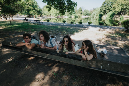 Friends enjoying a sunny day on a wooden park bench by the lake with trees and greeneryの写真素材
