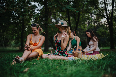Friends enjoy a sunny park picnic together on a grassy lawn with a wicker basket and blanketsの写真素材
