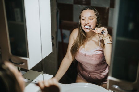 Young woman brushing teeth while smiling in the bathroom mirrorの写真素材