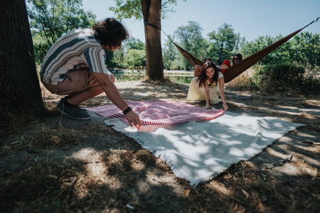 Friends enjoy a sunny riverside picnic in a park with blankets, hammock, and shade together