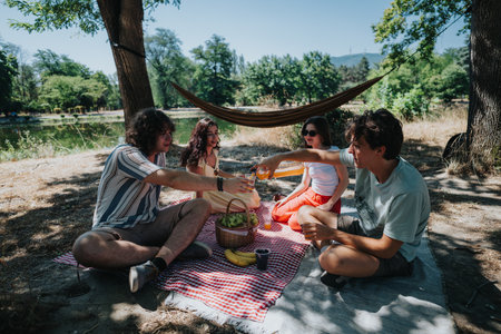 Friends share a bright lakeside picnic under trees on a sunny summer dayの写真素材