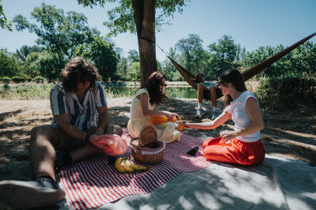 Friends and family enjoy a sunny outdoor picnic on a red-checkered blanket beside a hammock in a parkの写真素材