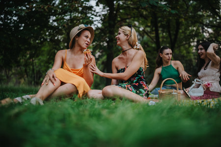 Friends enjoy a sunny picnic in the park, sharing laughs and conversation on a warm summer day