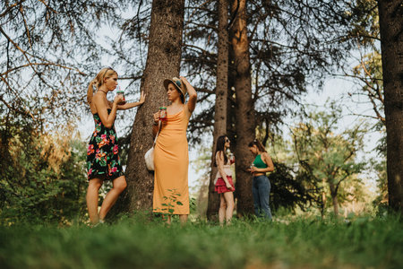 Friends enjoying a sunny summer afternoon in the park with drinks and conversationの写真素材