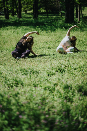 Women exercising outdoors engaging in stretching yoga poses for weight managementの写真素材