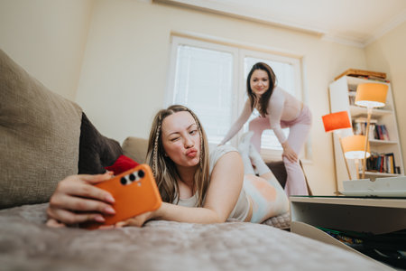 Two women having fun while taking selfies at home on a relaxed dayの写真素材