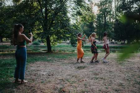Friends stroll through a sunlit park while one captures the moment on her phoneの写真素材