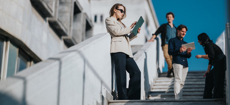 Business team on outdoor stairs collaborating with tablets and notes on a sunny urban dayの写真素材