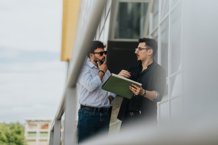 Two businesspeople discussing plans while reviewing documents outdoors