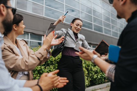 Joyful corporate team celebrating success during an outdoor meeting near the officeの写真素材