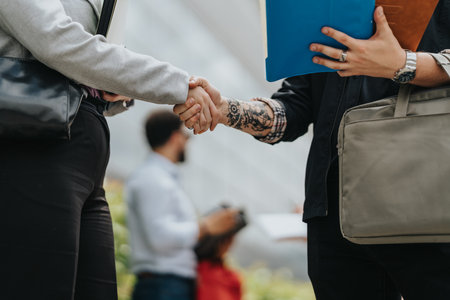 Business colleagues shaking hands in an outdoor casual meeting environmentの写真素材