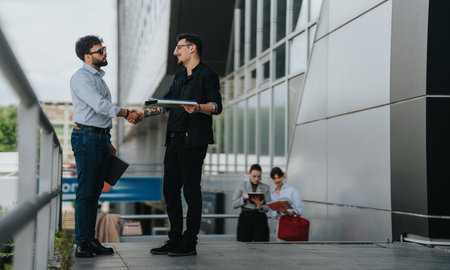 Two business people shaking hands outside modern building with colleagues nearbyの写真素材