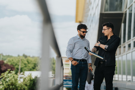 Two business colleagues discuss work outdoors near modern office building