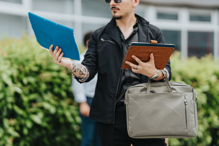 Businessman reviewing documents outdoors while holding a briefcase and tabletの写真素材