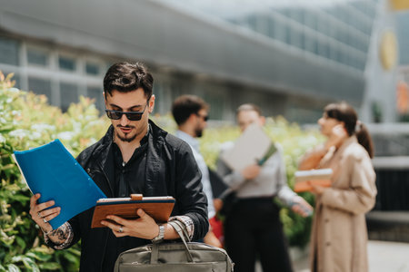 A confident businessperson reviewing documents outdoors in a modern settingの写真素材