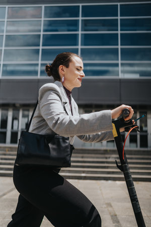 Businesswoman riding an electric scooter in a modern urban setting