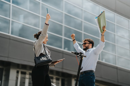 Two joyful colleagues celebrating success outside an office buildingの写真素材
