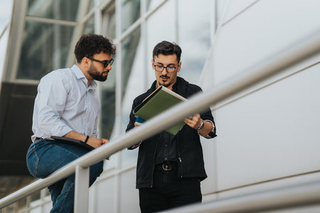 Two businessmen discussing documents outdoors near a modern office building