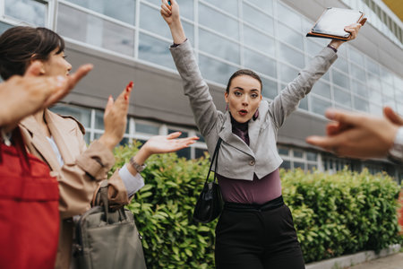 Excited woman celebrating outdoors with colleagues applauding around herの写真素材