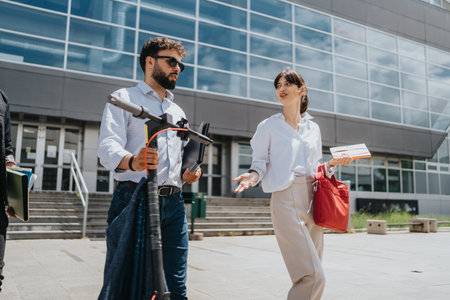 Business colleagues conversing while walking near a modern office buildingの写真素材