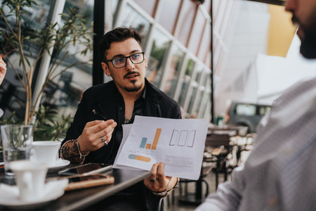 Team discussion with graphs at an outdoor cafe on a sunny dayの写真素材