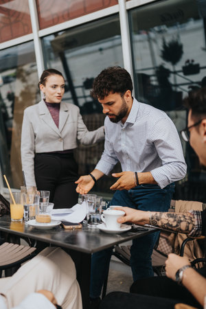 Business team discussing a project during an outdoor meeting at a cafeの写真素材