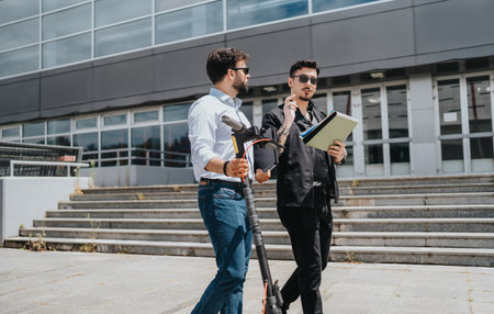 Two business professionals talking outdoors with scooter and clipboardの写真素材