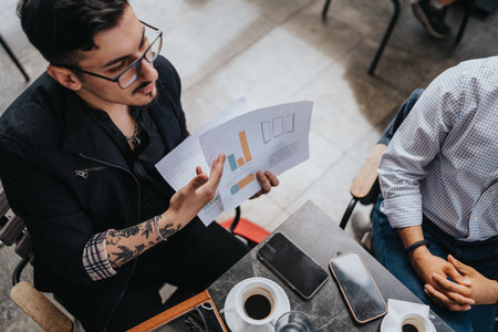 Business discussion involving charts and graphs at a table