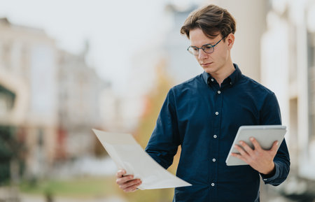 Young professional outdoors reviewing documents and tablet in a city setting during a breakの写真素材