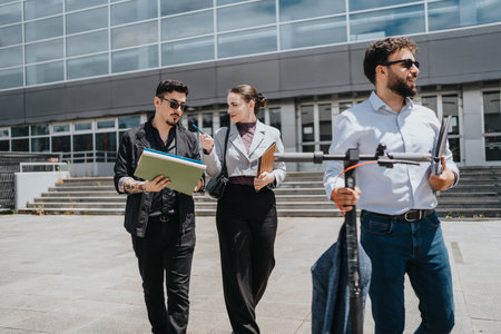 Group of colleagues discussing work ideas while walking near a modern office building