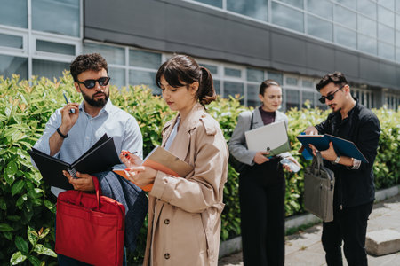 Businesspeople discussing work outdoors near a modern office buildingの写真素材