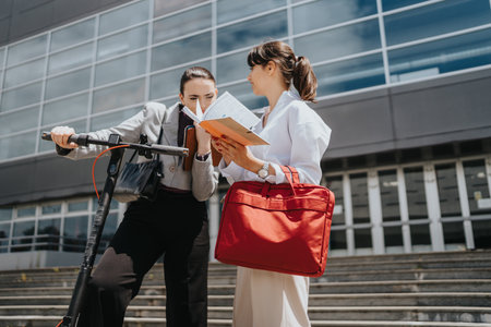 Two business women discussing work outdoors with e-scooter and documentsの写真素材