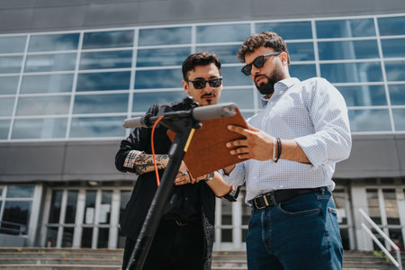 Two business partners discussing plans and reviewing a tablet outdoorsの写真素材