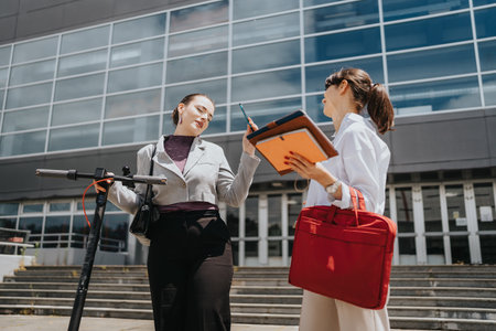 Two businesswomen discussing outside while using a scooter near a modern buildingの写真素材