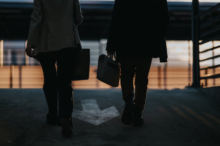 Two colleagues walk together in a dim area at dusk, carrying briefcases.の写真素材