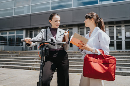 Two businesswomen discussing work outdoors with a scooter and documentsの写真素材