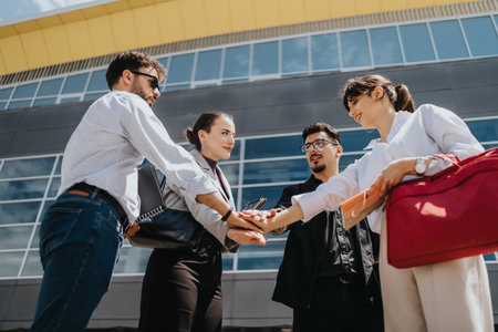 Group of business people joining hands outside modern buildingの写真素材