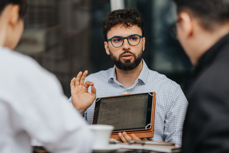 Business discussion with a tablet in an outdoor workplace settingの写真素材