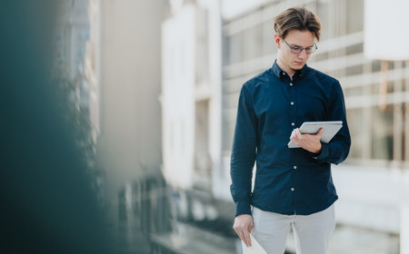 Young professional outdoors reviewing tablet and documents in a modern city setting